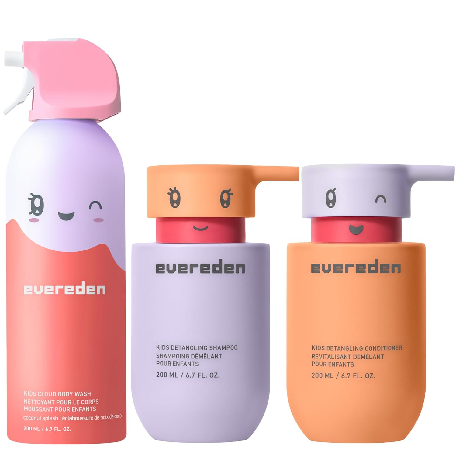 Evereden Kids Bathtime Trio: Hair Detangling Shampoo & Conditioner Set + Cloud Body Wash - Clean & Vegan Kids Haircare Set Paired With Fun Foaming Body Wash - No Sulfates, Paraben, or Phthalate