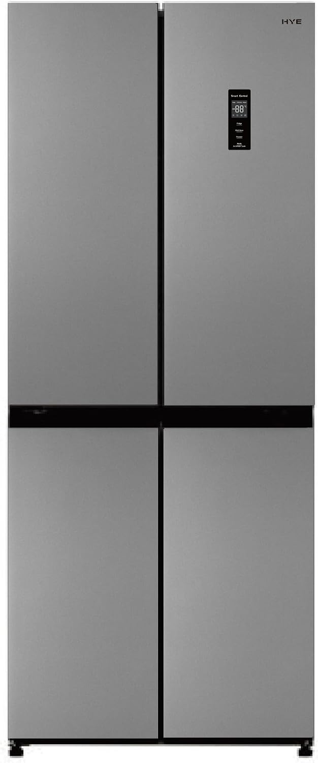 Silver four-door american fridge freezer, front view