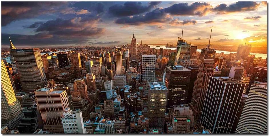 JXBYJP Manhattan Skyline Sunset New York Canvas Wall Art City Picture Print for Living Room Home Decor Frame 20x40inch Artwork Bedroom Wall Decor