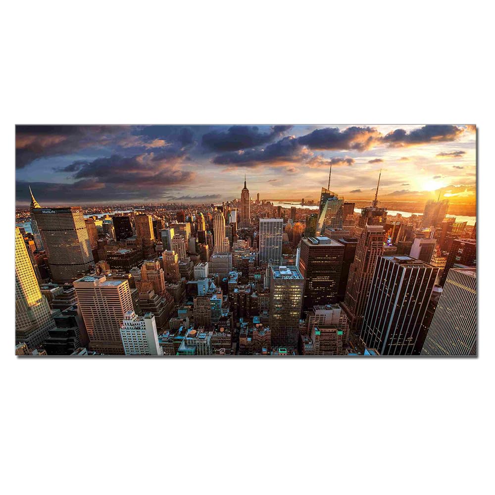 JXBYJP Manhattan Skyline Sunset New York Canvas Wall Art City Picture Print for Living Room Home Decor Frame 20x40inch Artwork Bedroom Wall Decor