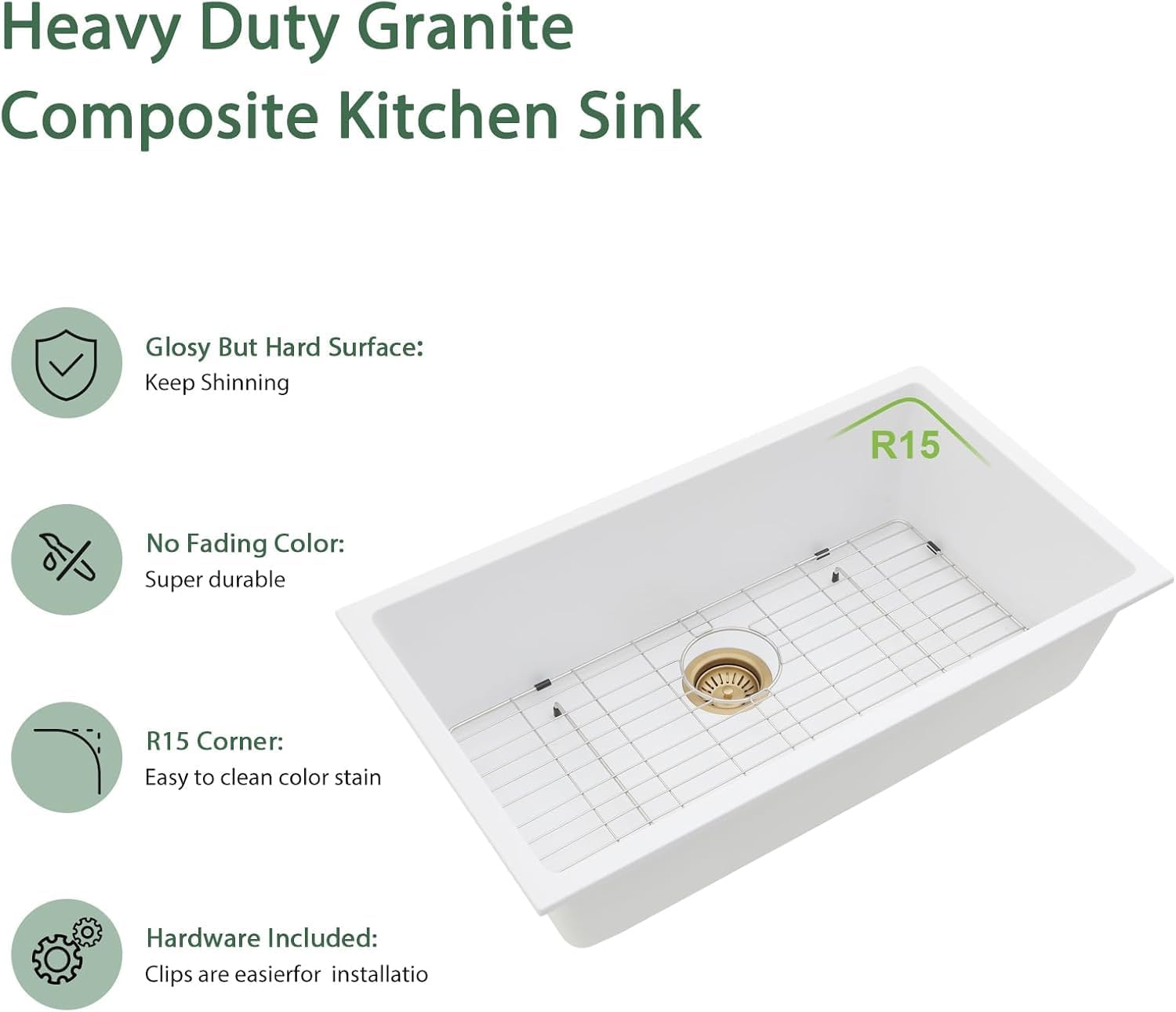 33"x19" Granite Composite Kitchen Sink - Couoko White Quartz Undermount Kitchen Sinks Classic Under Counter Single Bowl Sinks Basin