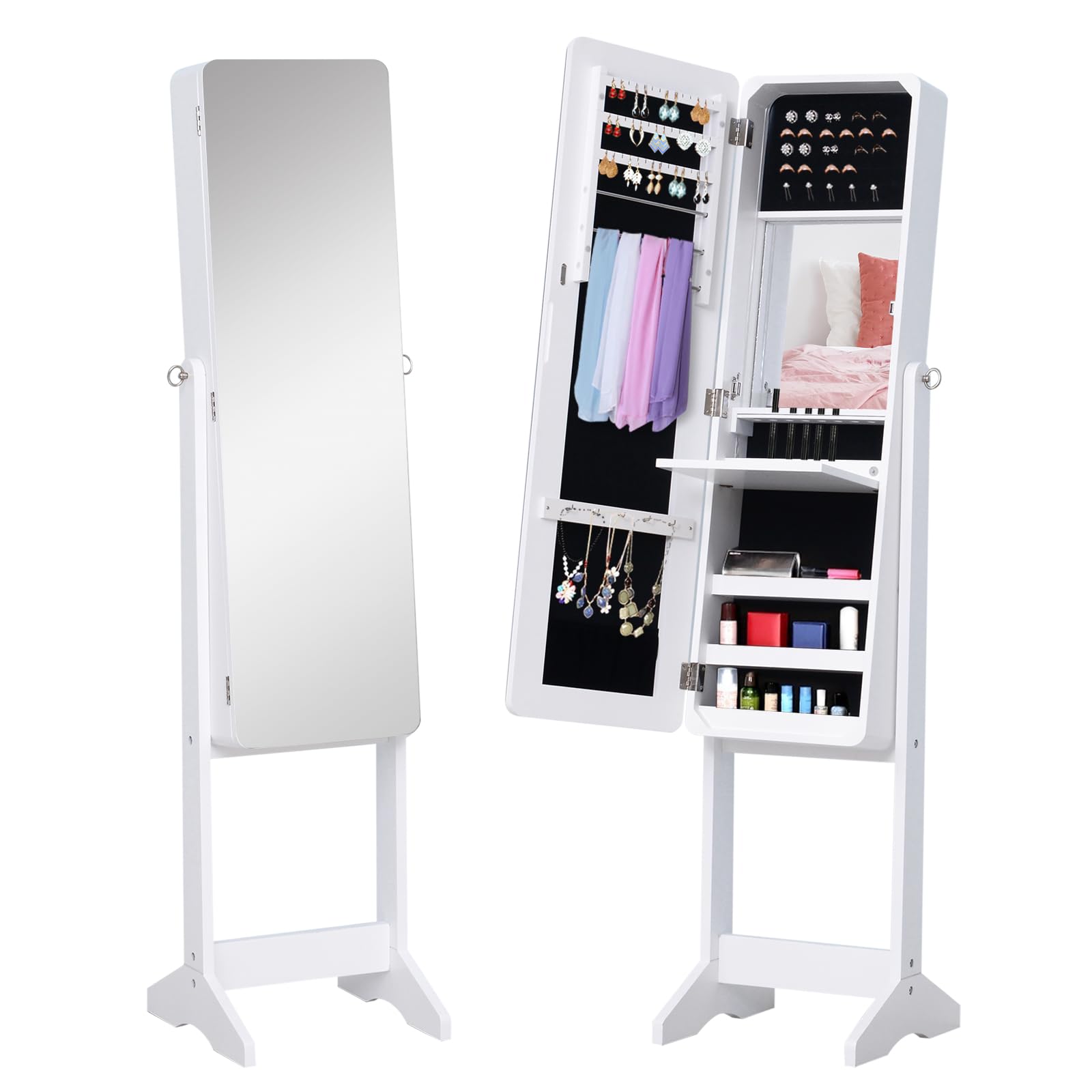 HOMCOM Joyero de Pie con Espejo Armario para Joyas Luces LED Reclinable Guardajoyas Anillos Pendientes Collares Madera 30x36x146cm Blanco