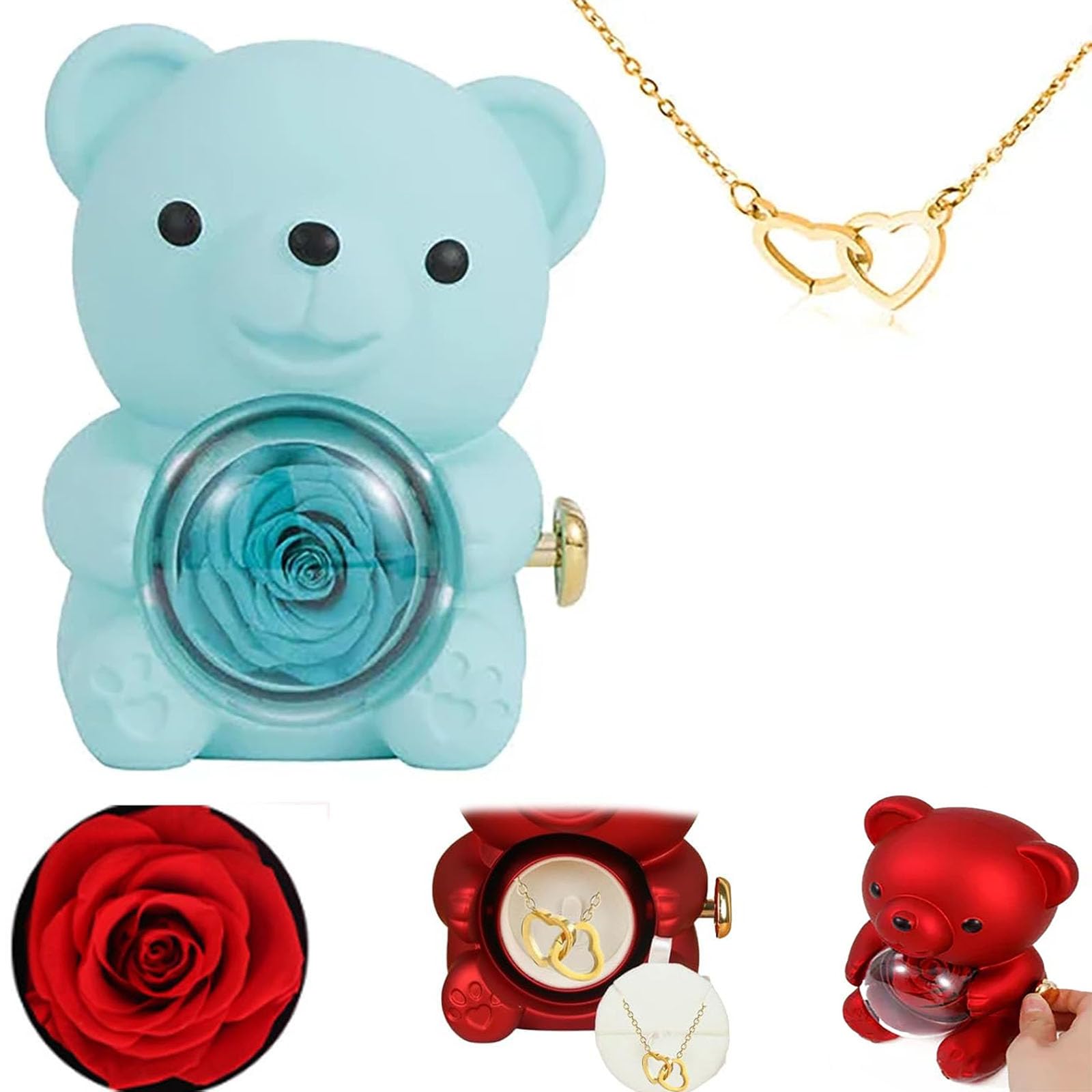 Engraved Heart Necklace - With Real Rose Bear Giftbox, Preserved Rose Gifts Set, Eternal Rose Flowers Flip Bear Jewelry Box, Preserved Rose Hug Bear Gifts for Women (blue)