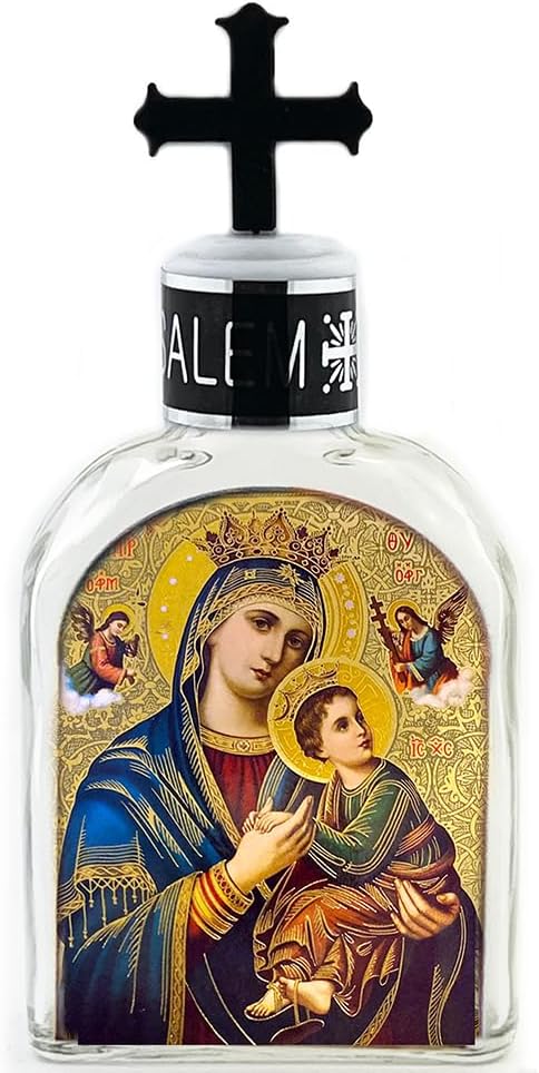 Glass Holy Water Bottle Icon of Perpetual Help Virgin Mary and Christ 5 Inch