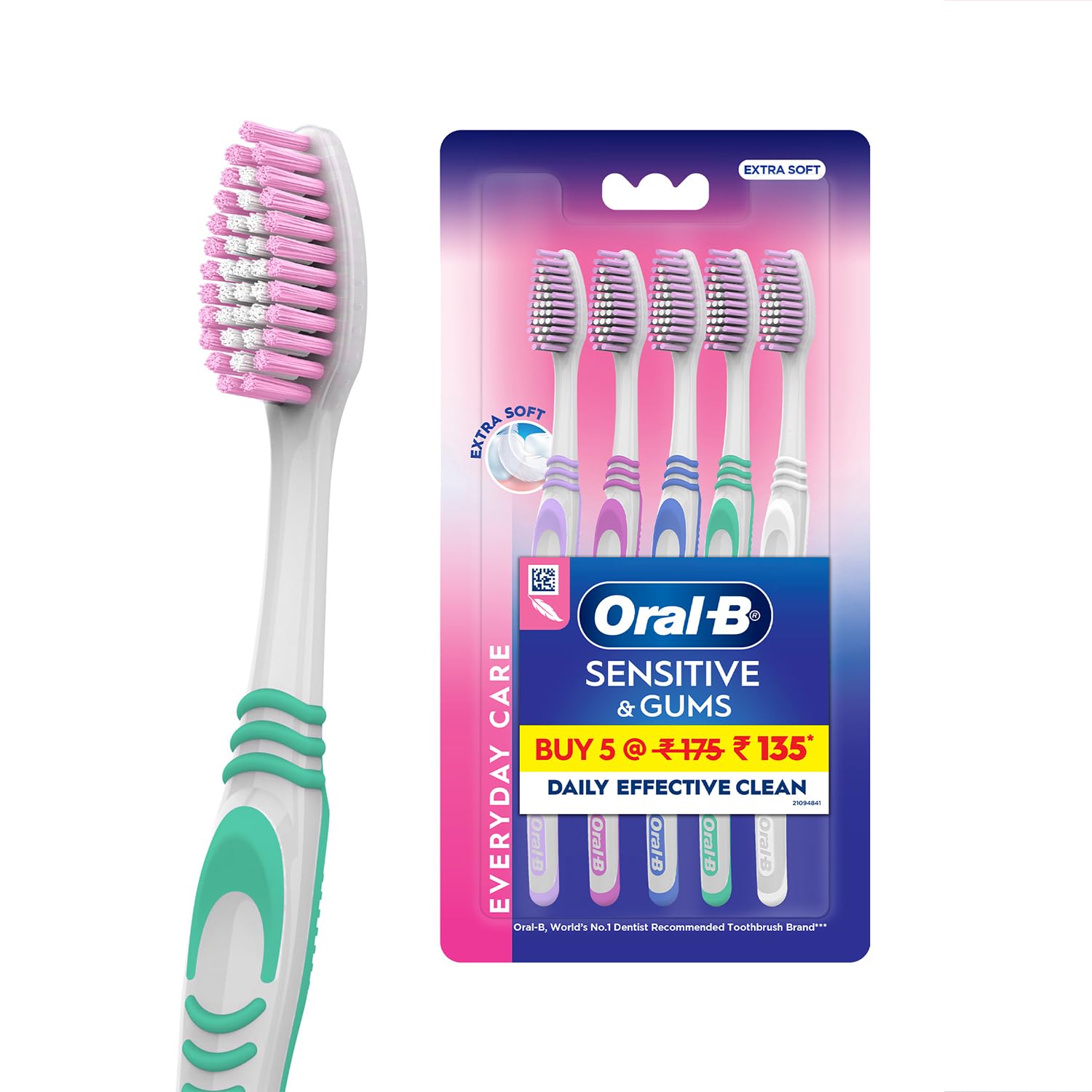 Oral-B Sensitive & Gums Everyday Clean Pack Of 5 Adult Manual Toothbrushes, Multicolored