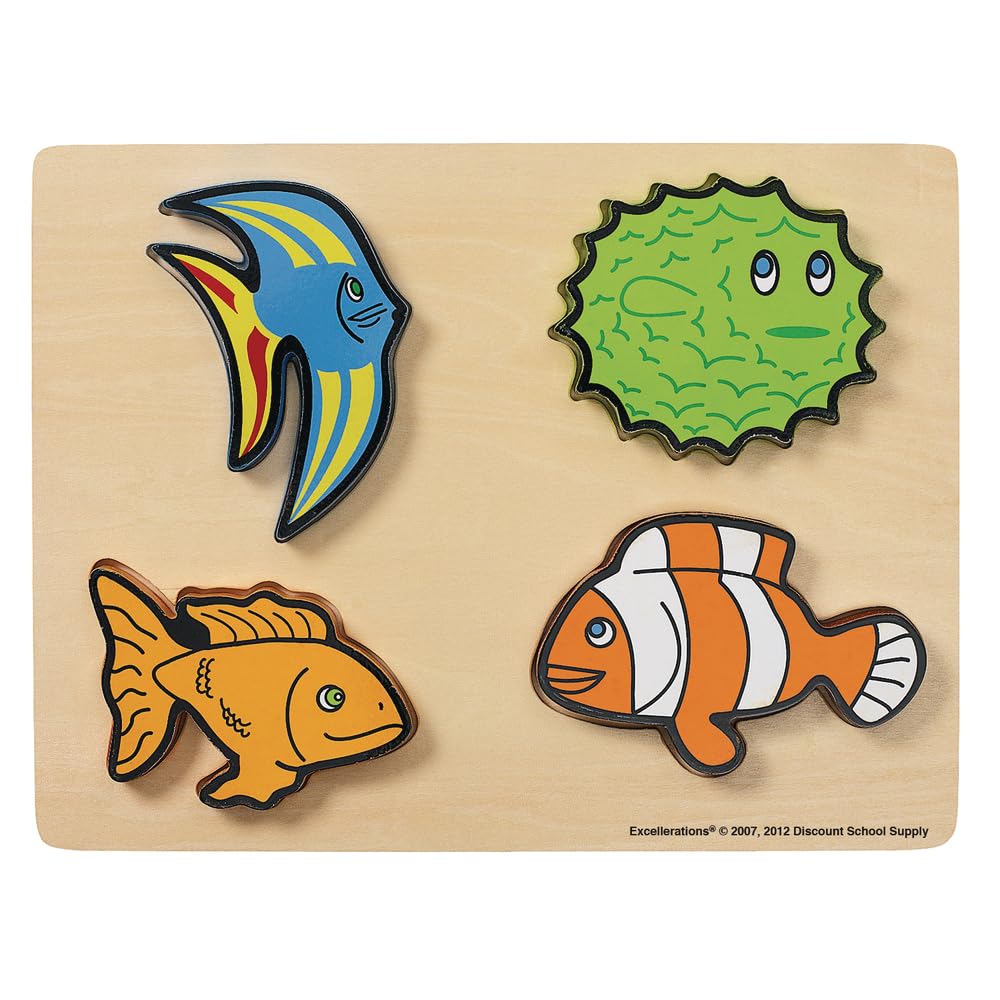 Excellerations Fish Chunky Puzzle with Chunky Wooden Pieces, 4-Piece Puzzle, Toddler, Preschool, Educational Toys and Gift