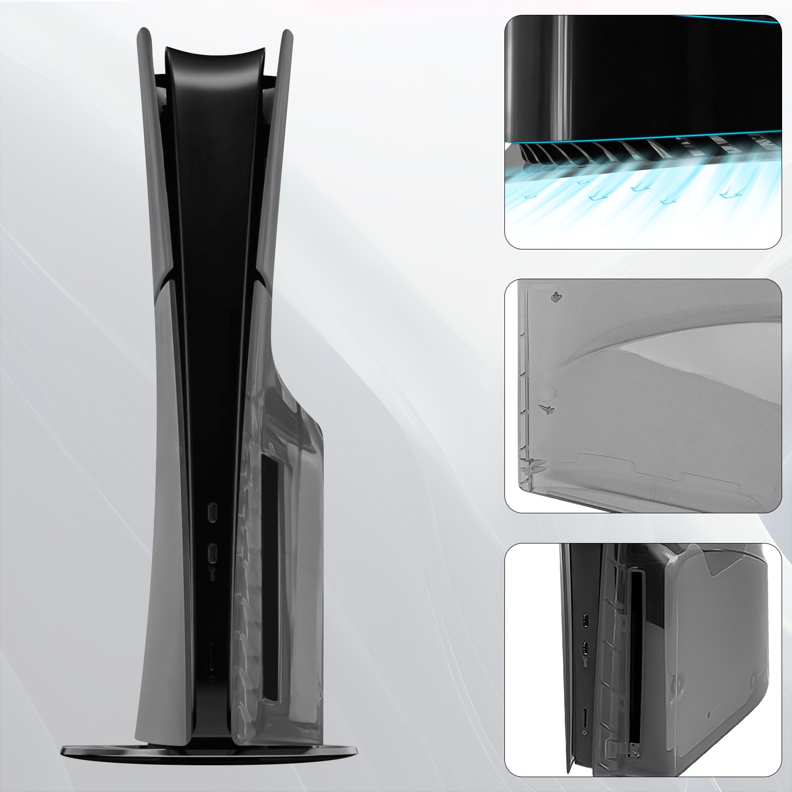 Geekria Cover Trasparente Compatibile con PS5, PlayStation 5 Slim Disc Edition, Custodia di Ricambio con Ventola di Ventilazione, Pannelli Laterali della Custodia Rigida in ABS Antipolvere (Nero)