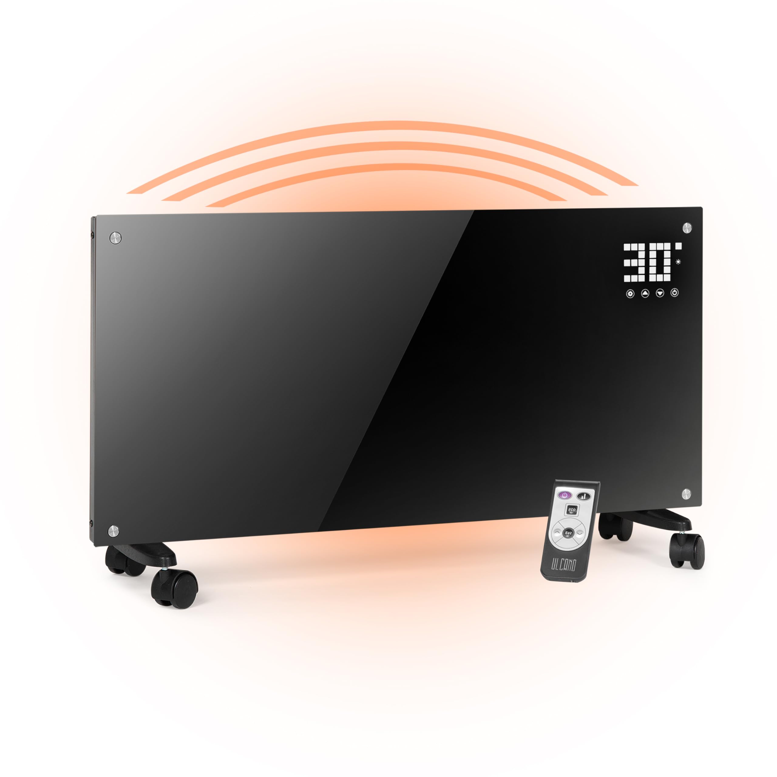 Stufa Elettrica Basso Consumo 2000W (Modalità ECO 1000W), Termoconvettore con Ruote + Montaggio a Parete, Vetro Temperato, Display Touch + Timer + Telecomando, Stufetta con Termostato, Nero