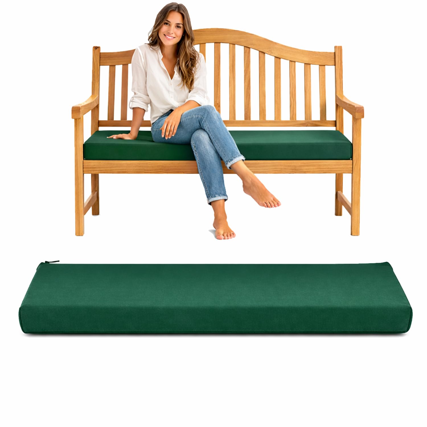 Pinkfairy Garden Bench Cushion For Outdoor Seat Pad Waterproof Indoor Furniture [108/140/170cm] Long Chair [2, 3 & 4 Seater] Comfortable Water Resistant Zip Cover (Dark Green, Two - Seater) — image 1