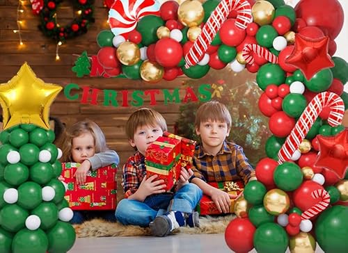 146Pcs Christmas Balloons Garland Arch Kit With Merry Christmas Banner, Christmas Tree Balloons Green Red Candy Cane Gift Box Balloons For New Year Holiday Xmas Christmas Party Decorations Supplies #TOP4