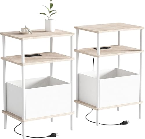 Miniatura 14 de Mesa auxiliar pequeña con estación de carga, Mesa auxiliar para espacios pequeños, Mesita de noche delgada con tomacorriente, Mesa auxiliar para