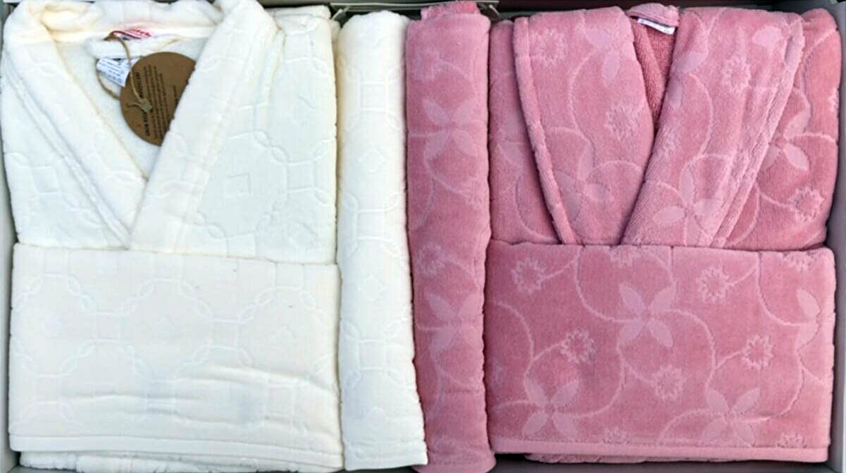 Özdilek Wildy Bathrobe Set (Bathrobes & Bath Towels & Face Towels), Woman (M) & Man (L), 100% Turkish Cotton (Ecru (White) & Powder (Pink))