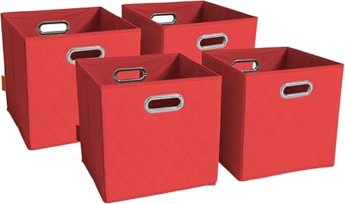 Juego de cuatro cubos de almacenamiento de piel sintética con patrón de diamante rojo de 11 pulgadas con asas dobles para sala de estar, dormitorio