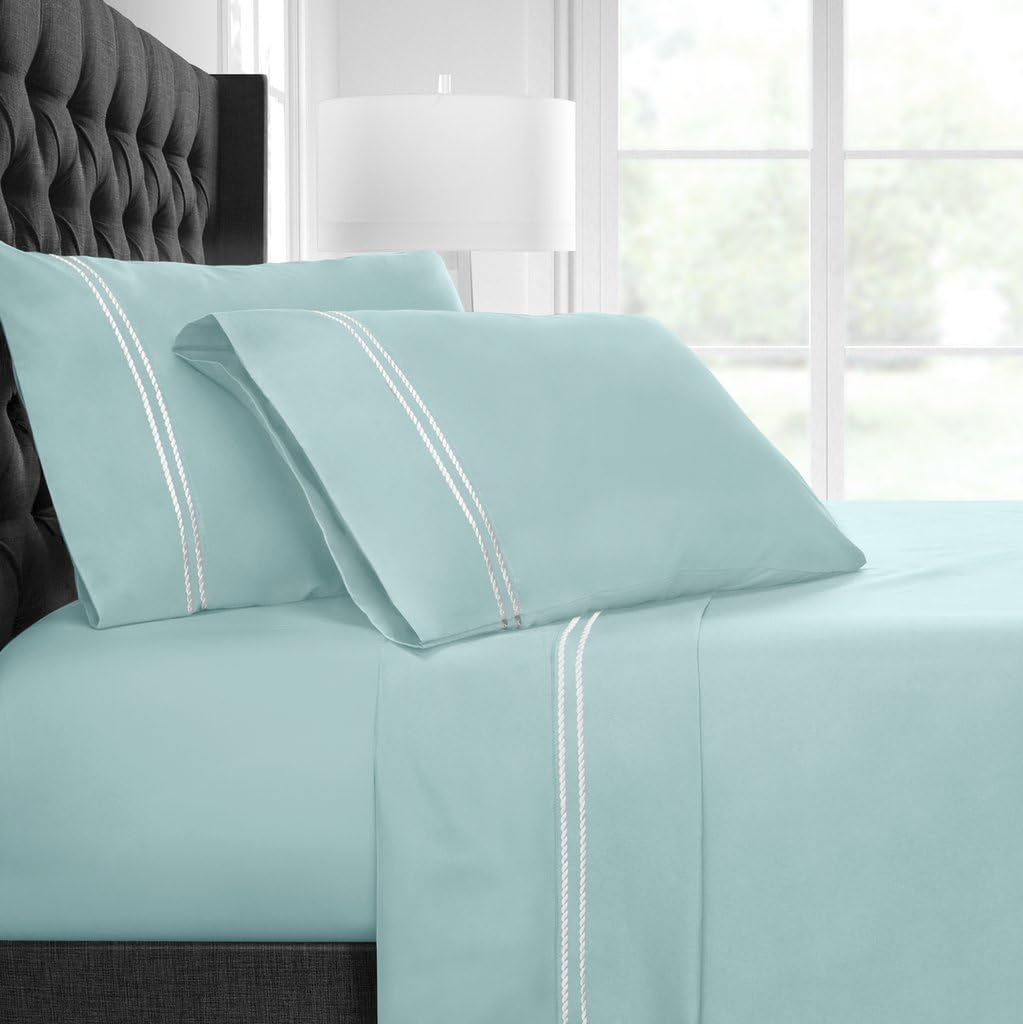 Egyptian Luxury Embroidered Bed Sheet Set – Ultra Soft Premium 1500 Series w/Beautiful Rope Embroidery – Wrinkle & Fade Resistant, Hypoallergenic 4 Piece Set- Cal King - Aqua/White