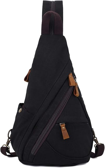 FANDARE Unisex Sling Bag Canvas Crossbody Shoulder Backpack Men Chest Bag Women Casual Daypacks fit 9.7 inch Tablet Rucksack for Outdoor Cycling Hiking Travel Indoor Activities Retro School Bag Black