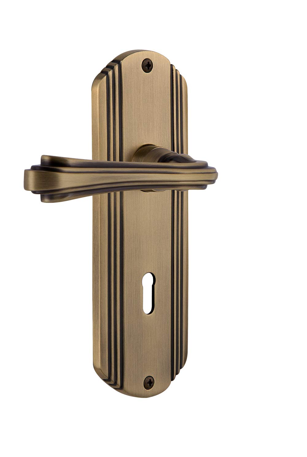 Nostalgic Warehouse Deco Plate Privacy with Keyhole Fleur Lever in Antique Brass