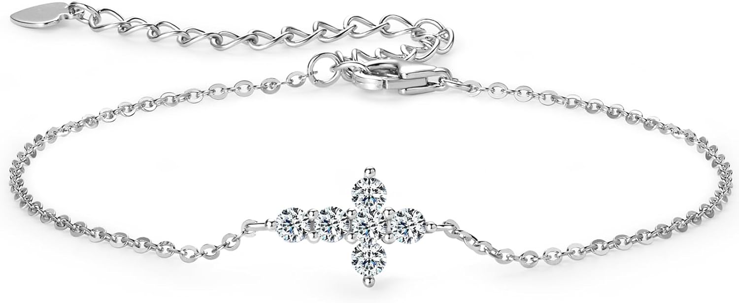 Cross Moissanite Bracelet, 0.36cttw D Color VVS1 Clarity 925 Sterling Silver Adjustable Bracelets for Women Wife or Girlfriend Birthday Gifts