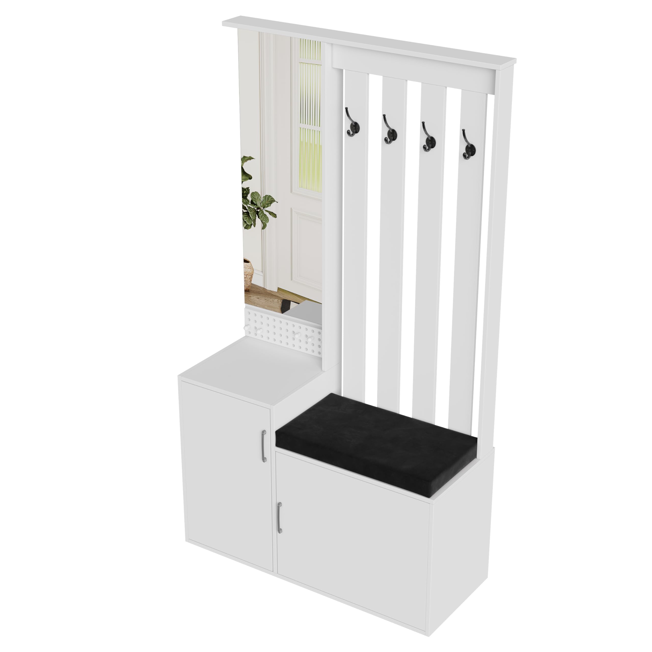 Mueble de entrada con banco y espejo, perchero 6 en 1 multifunción, almacenamiento de zapatos, 4 ganchos, estantería, ahorro de espacio para espacio pequeño, blanco (180 x 100 x 40 cm)