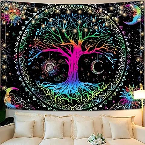 Kanuyee Tree of Life Tapestry Yin and Yang Sun Moon Star Tapestries Galaxy Space Tapestry Mandala Wall Tapestry Black Aesthetic Tapestry for Room Decor (60''high × 80''wide, Colorful) Cover