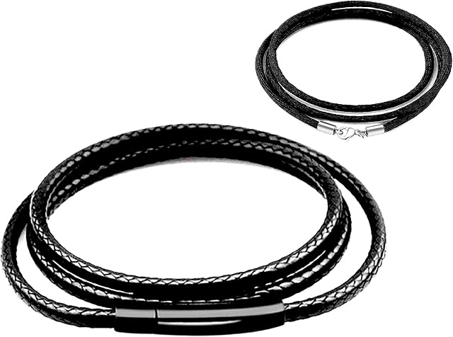 findout 3mm black Waterproof Braided Leather Necklace For Men, Black Stainless Steel Buckle Clasp Hyponic Wax Rope leather Chain Necklace For Women Girl Boy, Free Steel Silk Chain 14-36inch