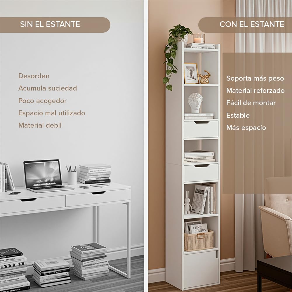 Marctani Libreria Estanteria Blanca con 6 Niveles y 3 Cajones - Estanteria Libros de Madera MDF - Libreria Estrecha y Alta con Almacenaje para Dormitorio, Salon, Baño. Book Shelf 33 x 24 x 181 cm
