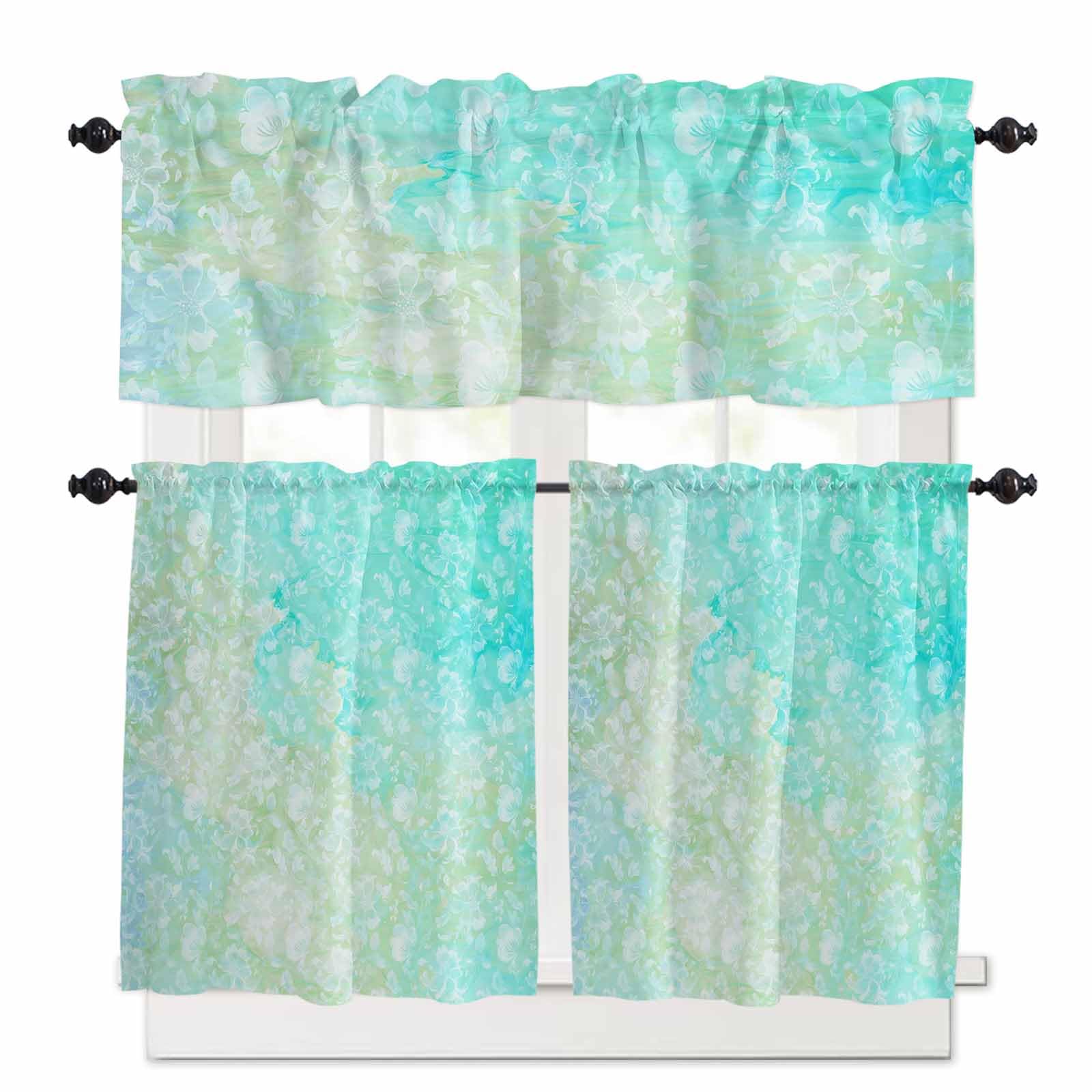 Aqua Green Kitchen Curtains 36 Inch Length,3 Piece Rod Pocket Small Half Tiers and Valance Set,Watercolor Colorful Ombre Abstract Floral Art Small Large Window Treatment Decor for Bedroom/Bathroom