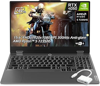 Lenovo LOQ Gaming Laptop 15.6" FHD 1920x1080 IPS Anti-Glare 144Hz, AMD Ryzen 5 7235HS, NVIDIA GeForce RTX 4050,16GB RAM, 1TB SSD, Win11, White Backlit, Luna Grey, w/USB Hub, W/GaLiMu