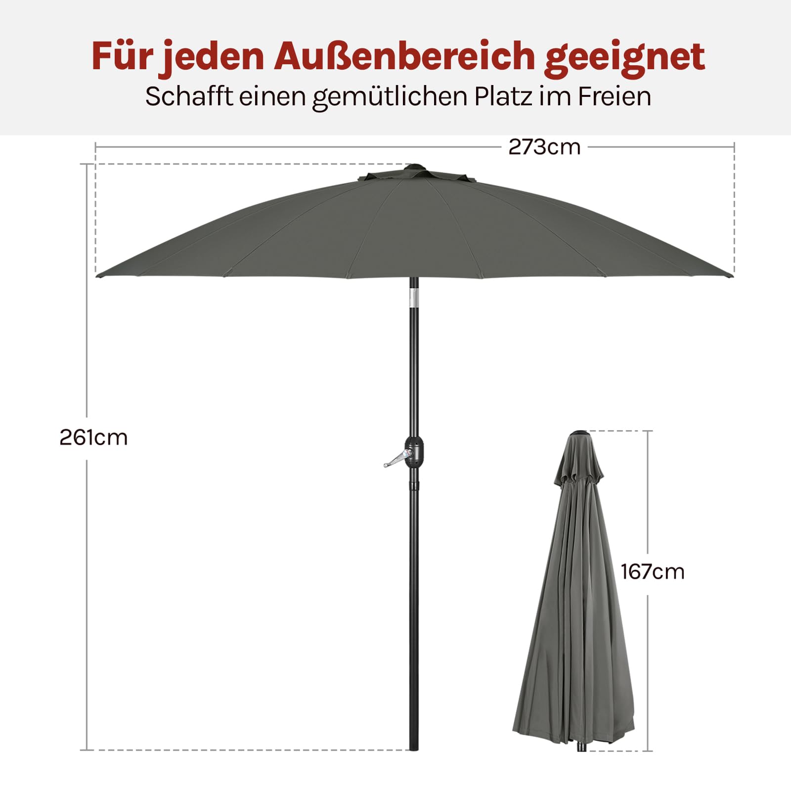WOLTU Parasol przeciwsłoneczny Ø 257/273 cm, wychylany parasol ogrodowy z korbą, parasol balkonowy z 18 wspornikami z włókna szklanego, na taras, patio, basen, ciemnoszary