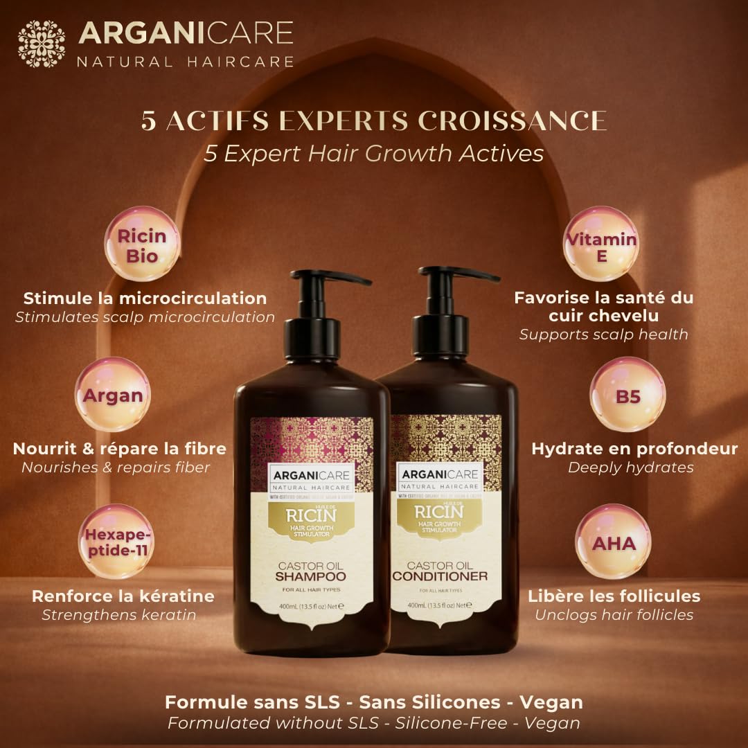 ARGANICARE | Zestaw Duo Ricin | Szampon + Odżywka Wzrost & Wzmocnienie | Wszystkie rodzaje włosów |.Siła i Nawilżenie | 2 x 400 ml