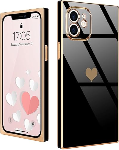 Compatible con iPhone 12 Funda Rectangular Bonita Chapado Dorado Lujo Corazón de Amor Funda de Teléfono para Mujeres Niñas A Prueba de Golpes