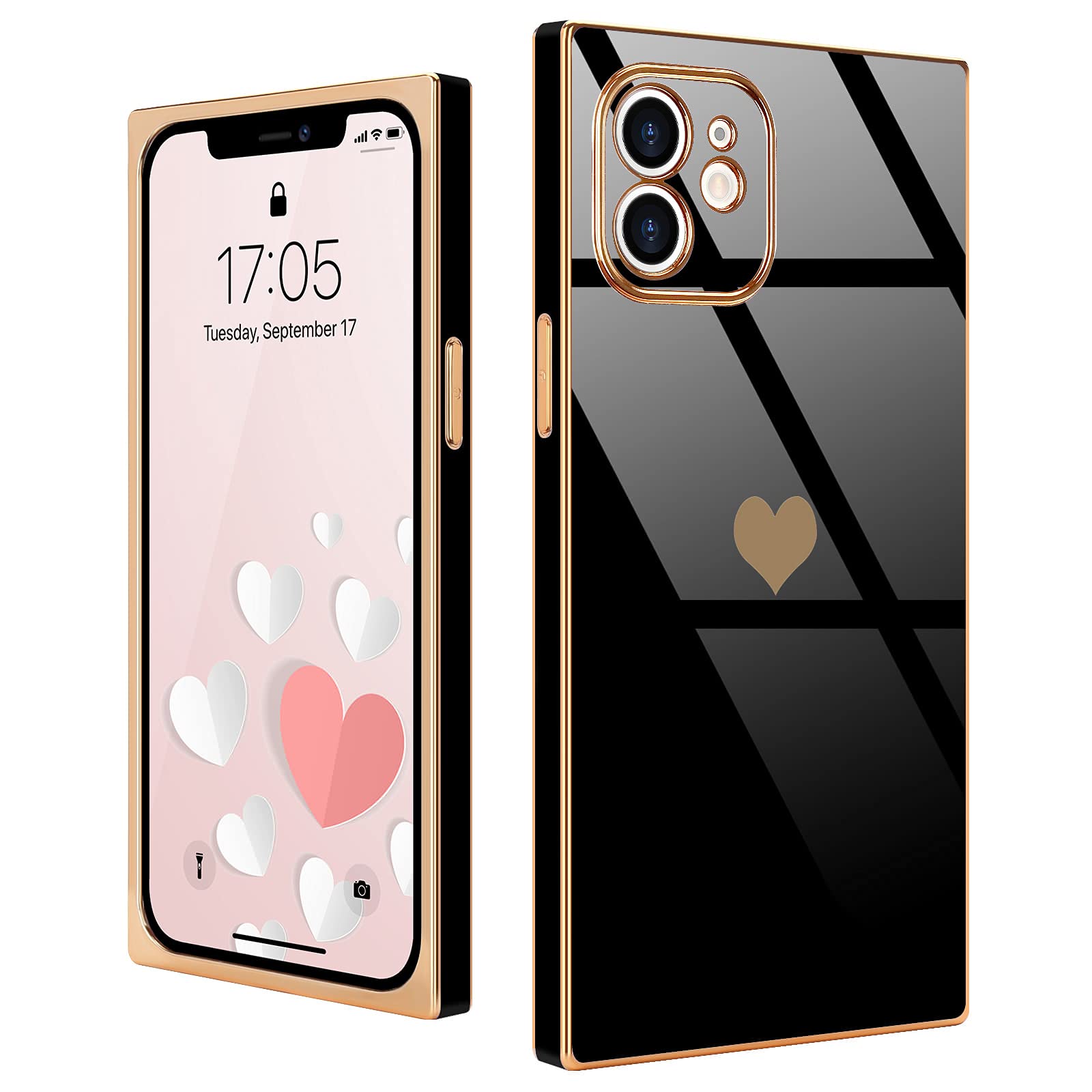 Urarssa Compatible with iPhone 11 Case Rectangle Cute Plating Gold Luxury Love Heart Phone Case for Women Girls Shockproof Raised Full Camera Lens