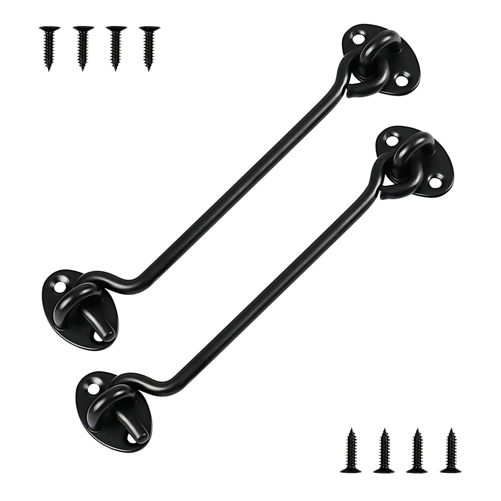 Ldzzuo 2Pcs 8 Inch Hook and Eye Latch, Gate Hooks, Stainless Steel Cabin Hooks, Door Latches for Internal Door Locks, Gate Latch for Wooden Gates, Door Catch - Black
