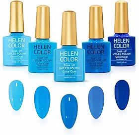 HELEN COLOR Kit 5 Esmaltes em Gel UV/LED Soak Off Brilhoso 10ml Cada Fórmula Profissional para Manicure Alta Durabilidade Secagem em Cabine (Azul)