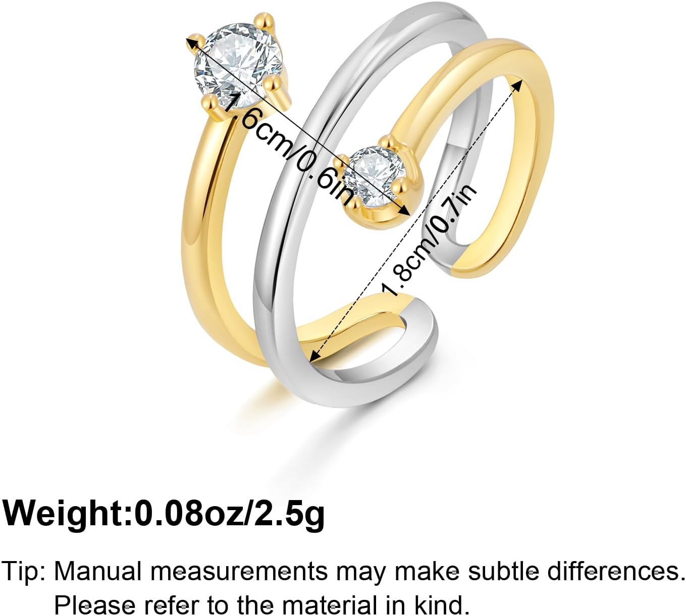 Two Tone Open Ring for Women Gold Silver Mixed Metal Statement Stackable Rings with CZ Cubic Zirconia Wedding Valentines Daily Gift