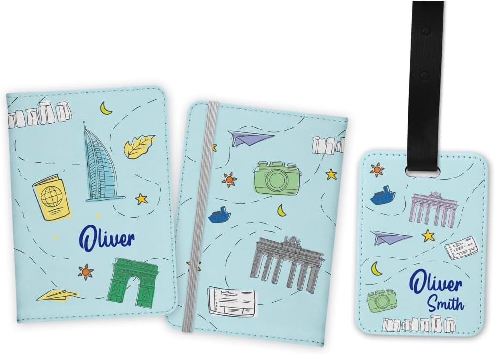 Personalized Passport holder, Personalized Passport Cover for kids, Customized Passport Cover and Luggage tag, Personalized Gift for boys, travel Gift. (Passport Cover + 2 Tags)