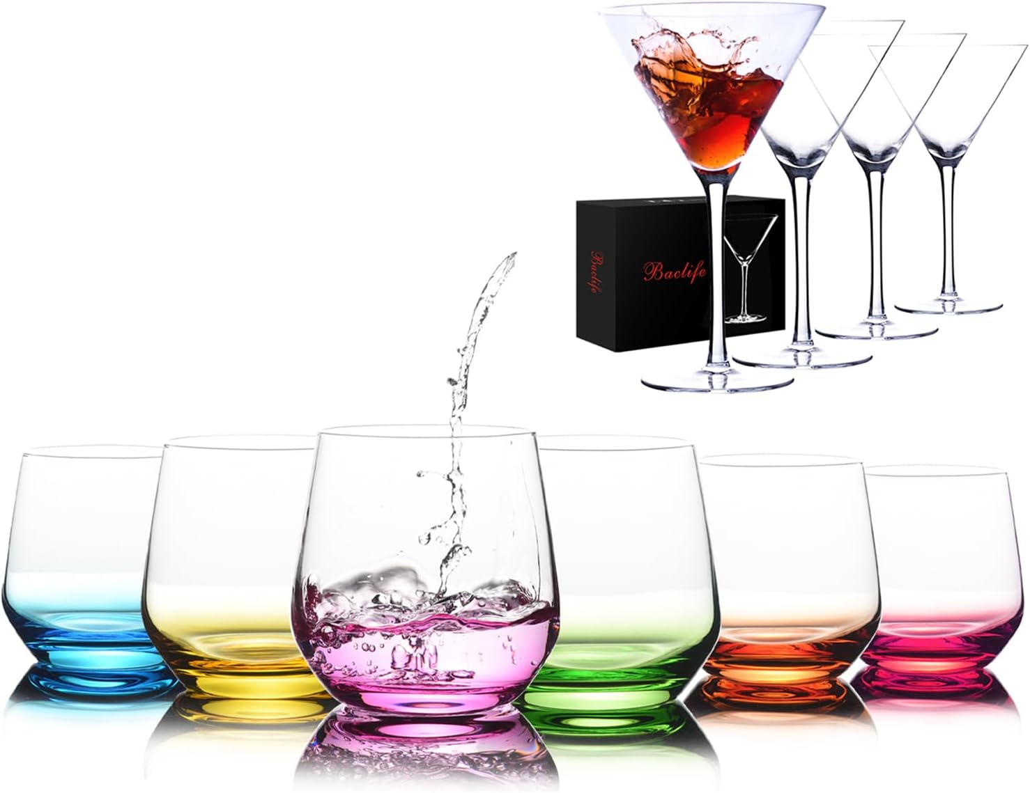 Martini Glasses Set with 6Pcs 15oz Stemless Wine Glass Set, Unique Gift for Birthday,Wedding, Anniversary