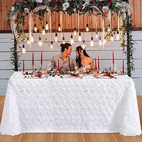 Queendream White Wedding Tablecloth 90 X 132 Inch Rosette Tablecloth 3D Flowers Satin Overlay For Wedding Reception Table Decorations #TOP2
