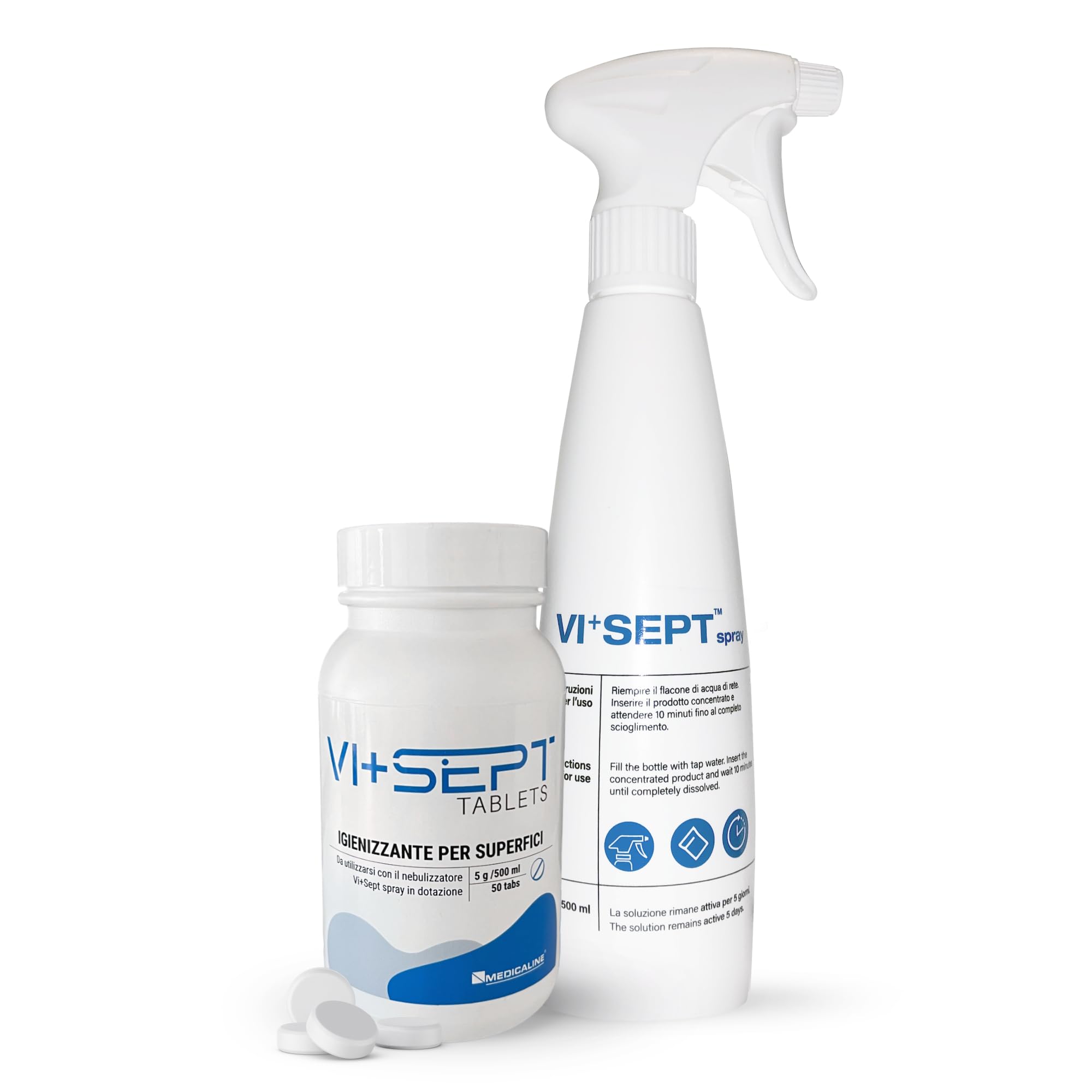 Vi+Sept Tablets. Igienizzante concentrato in compresse per superfici. Contro la presenza di acari e cimici del letto. 10/50 compresse x 5g, nebulizzatore 500 ml. Inodore • assorbe gli odori. (50)