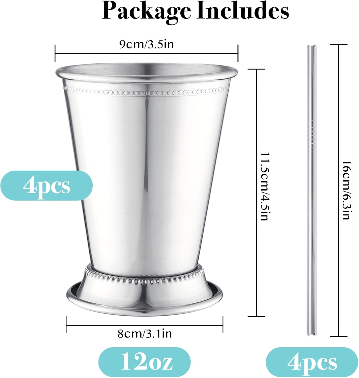 12oz Mint Julep Cups with Straws Set of 4, Stainless Steel Beaded Mint Julep Cups, Mint Julep Glasses for Cocktails Mixed Drinks, Metal Cups for Beer Juice Beverage Party Bar Home Restaurant - Image 6