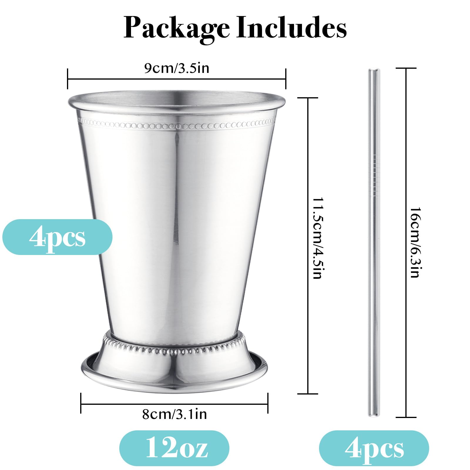 Fijinhom Julep-Becher mit Strohhalmen, Edelstahl, Perlen, Minze, Julep-Gläser für Cocktails, gemischte Getränke, Metallbecher für Bier, Saft, Getränke, Party, Bar, Zuhause, Restaurant, 340 ml, 4 Stück