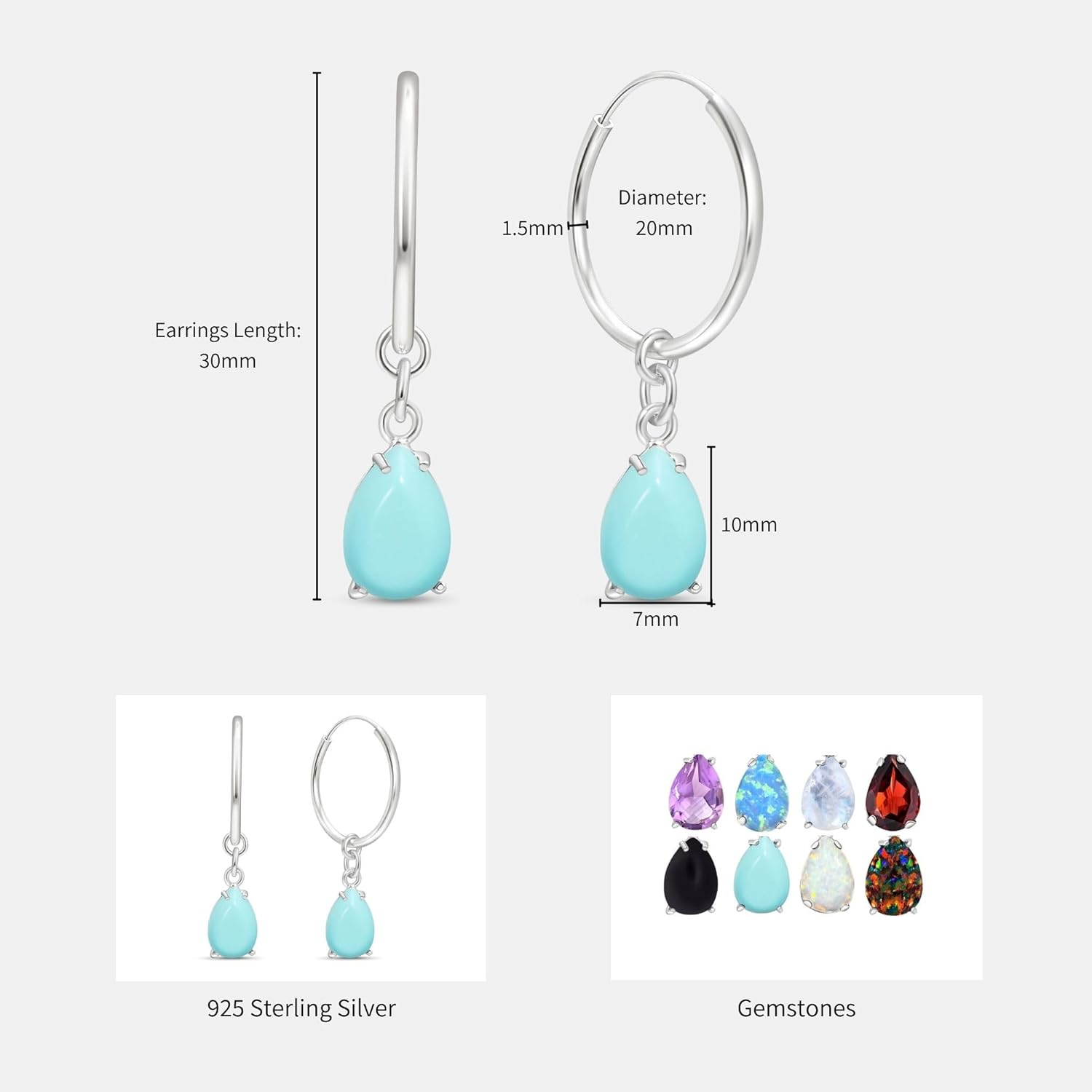 Turquoise Drop Earrings for Women in 925 Sterling Silver - December Birthstone - 30mm Length with 7x10mm Teardrop - Hoop Turquoise Earrings for Women - Classic and Elegant Gift - Image 5