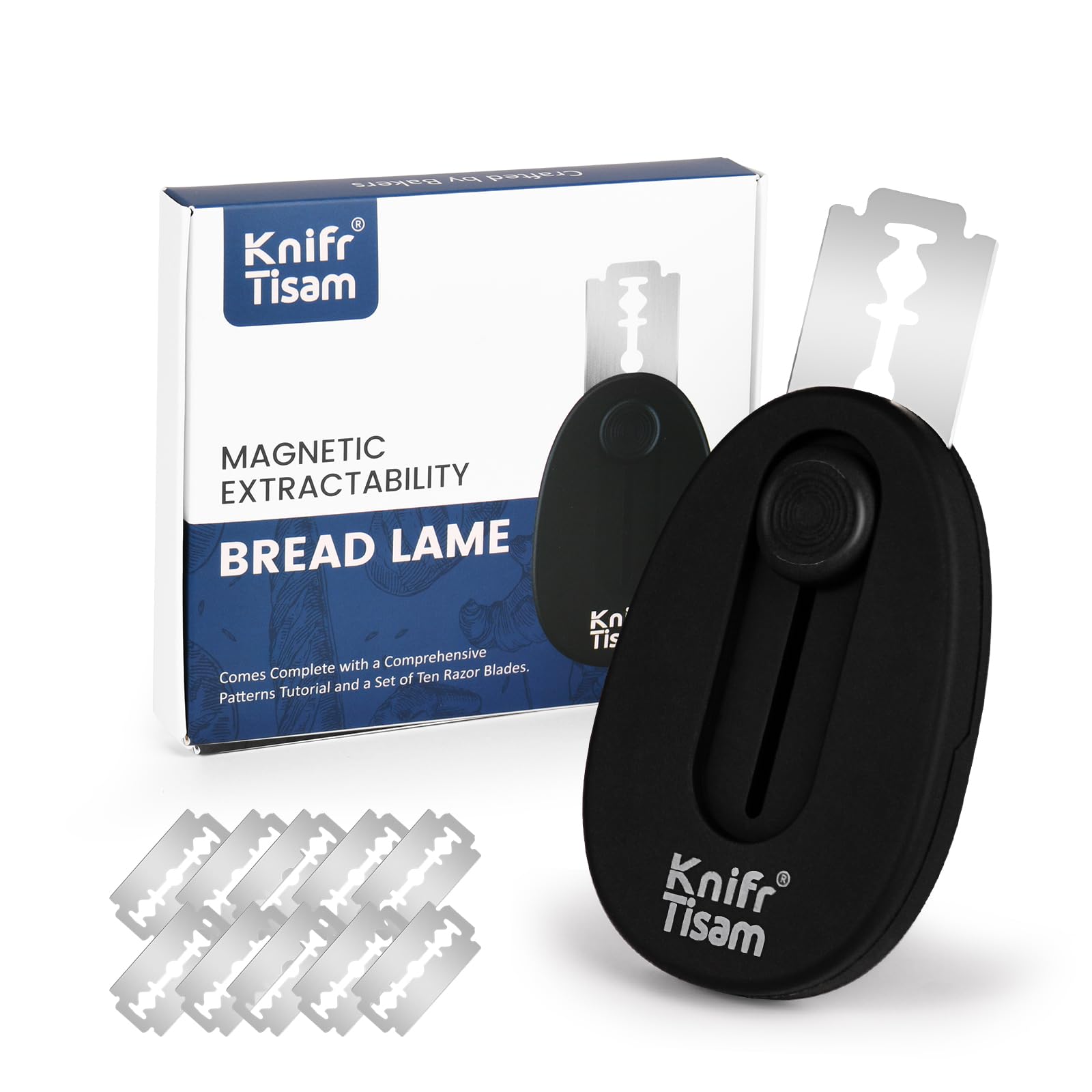 KNIFRTISAM Bread Lame Dough Scoring Tool with Magnetic & Retractable Design, Push-Pull Handle Sourdough Scoring Tool for Bread Baking & Bread Making Tools, Dough Lame with 10 Razor Blades