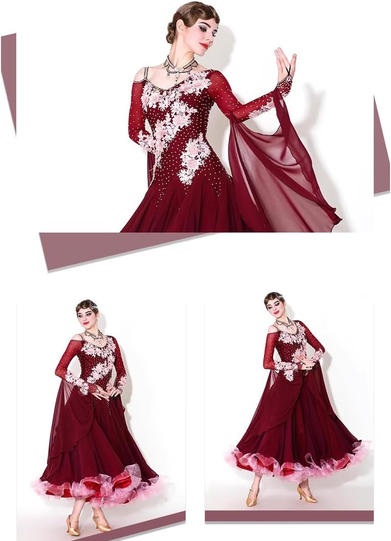 JRUIA Women's Waltz Competition Dancing Outfit Professional Ballroom Dance Dresses with Rhinestone and Embroidery
