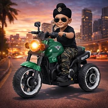 LITTLEPUP Kids Electric Ride-On Motorcycle Bike with LED Headlight, Music, Training Wheels, Battery Operated Ride-On (Green)