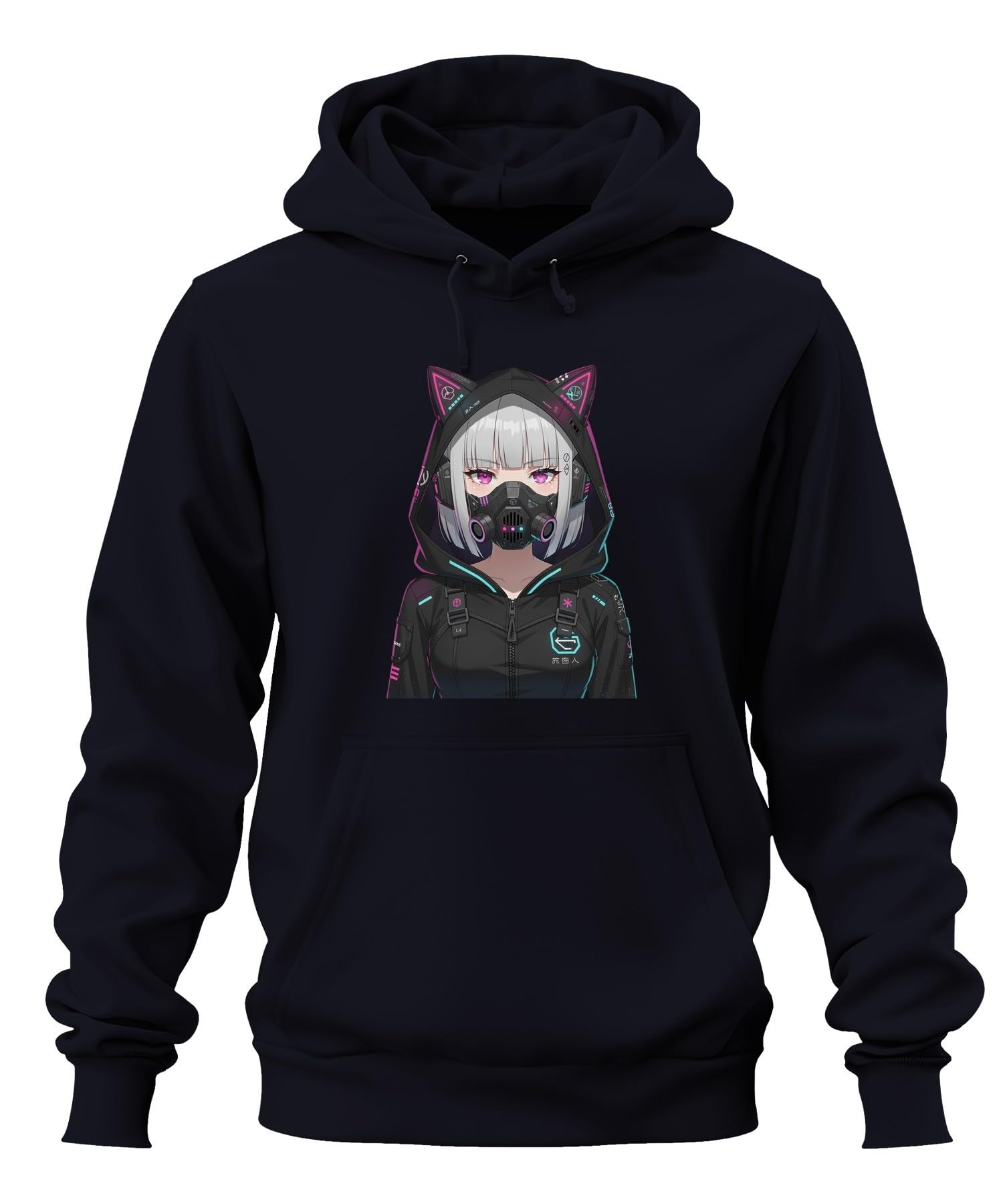 Cyberpunk Anime dziewczęca kocie uszy bluza z kapturem, granatowa, L