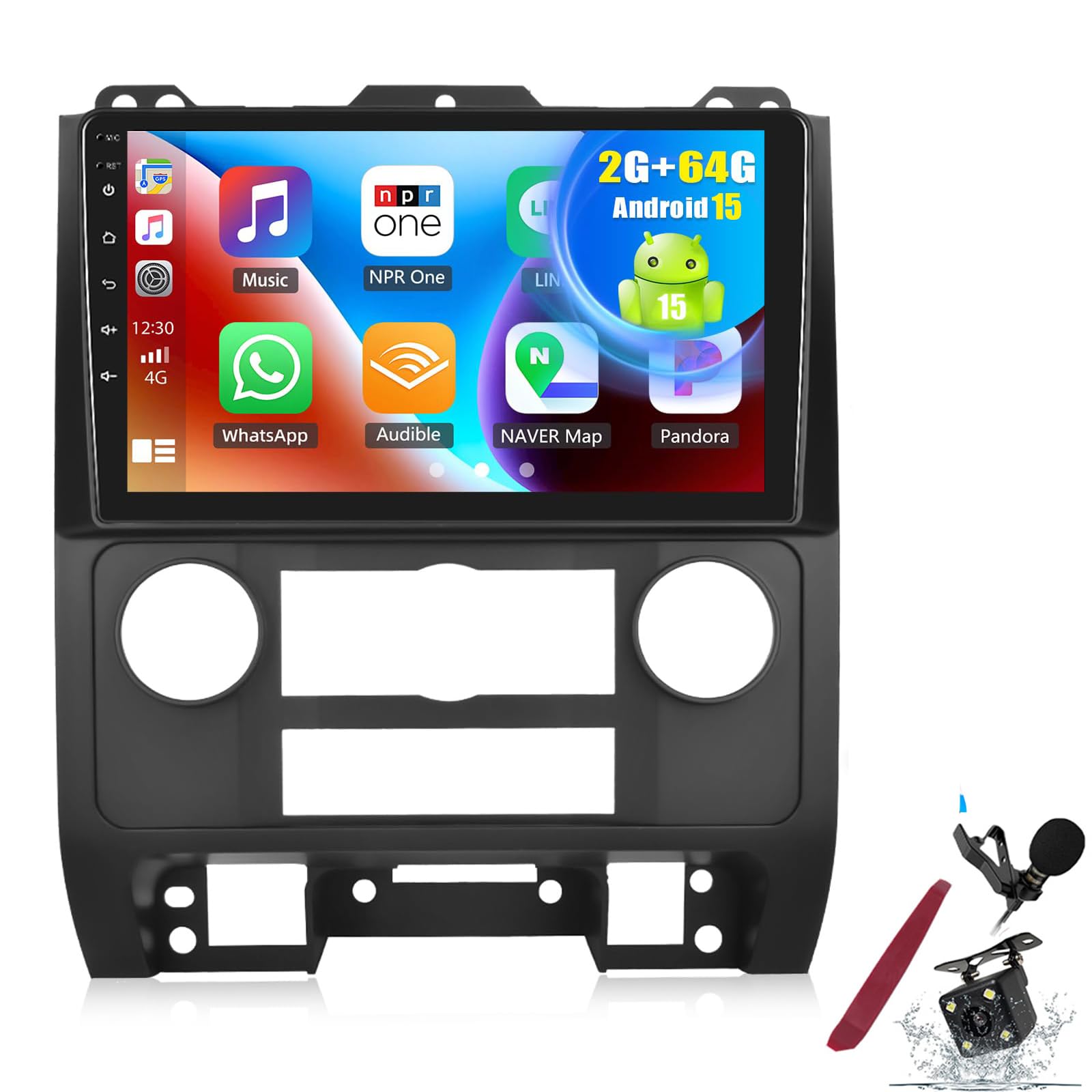 Y1,PLKEQS 2G 64G Android 15 Car Stereo for F-ord Escape/Kuga/Mazda Tribute 2007-2012 - 9" 2K ekran dotykowy z bezprzewodowym CarPlay, GPS Navi, WiFi, 26UI, Bluetooth, FM, kamera cofania