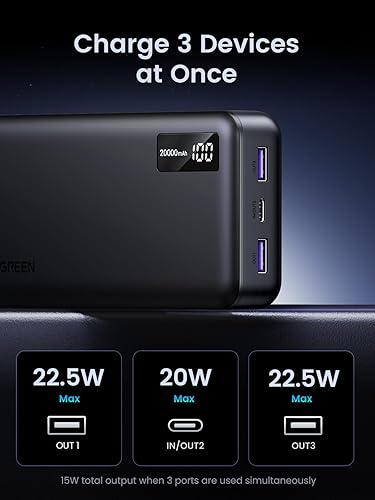 Miniatura 3 de UGREEN Power Bank, 20000mAh 22.5W cargador portátil USB C entrada y salida PD 3.0 carga rápida batería con pantalla digital para iPhone 16151413,