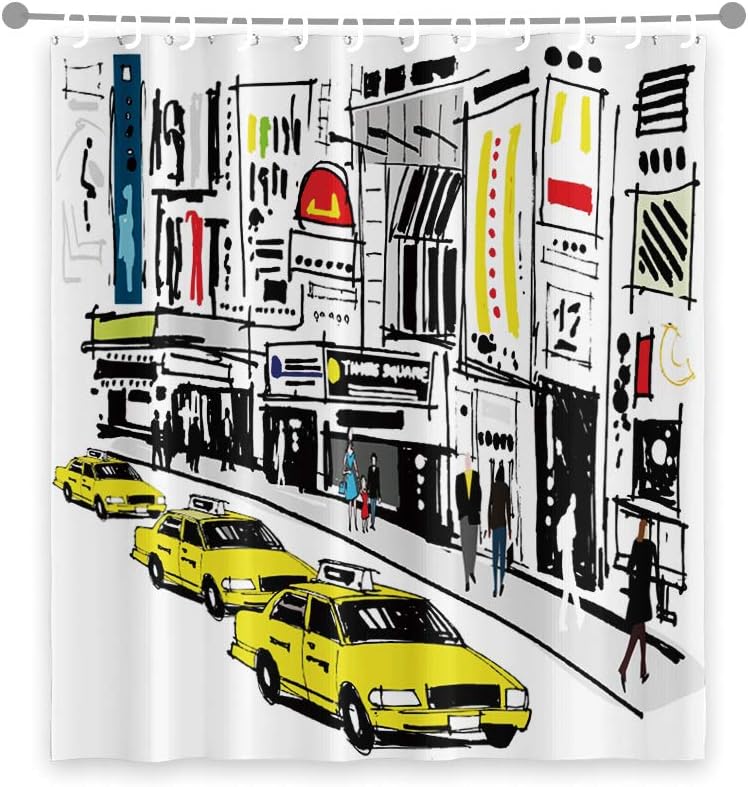 65x72inch NYC City Shower Curtain Watercolor Times Square New York Building People Street Taxi Cabs Traffic Illustration Modern Fashion Bathroom Decor Fabric Shower Curtain Liner with Hooks