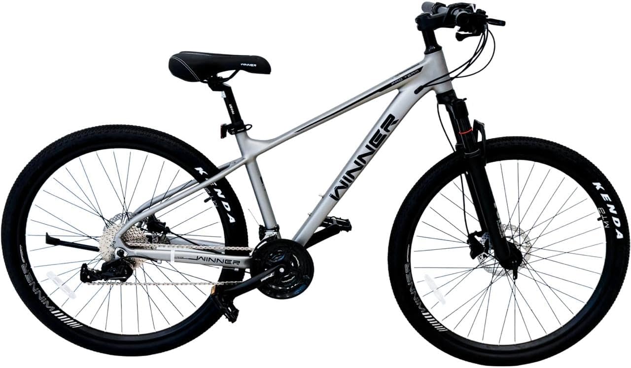 Winner Mountain Bike, Silver Frame with Black Components, 27.5-inch Wheels, Disc Brakes, Front Suspension Fork, All-Terrain 24 speed