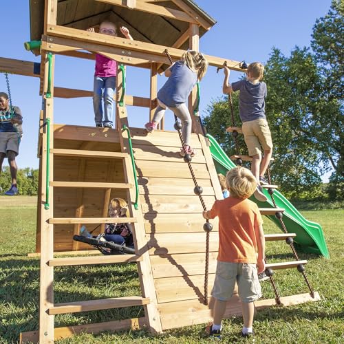 Backyard Discovery Endeavor All Cedar Wood Swing Set Playset for Backyard with Large Clubhouse Wave Slide Rope Ladder Rock Climbing Wall Wave Slide 2 Belt Swings and 1 Web Swing Gift for Ages 3-10 - image 9